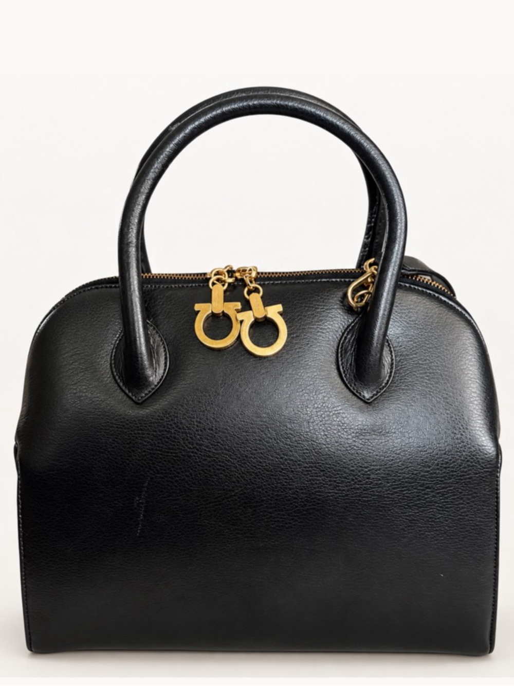 Salvatore Ferragamo Gancini Black Leather Dome Satchel 2-Way Bag Gold Hardware